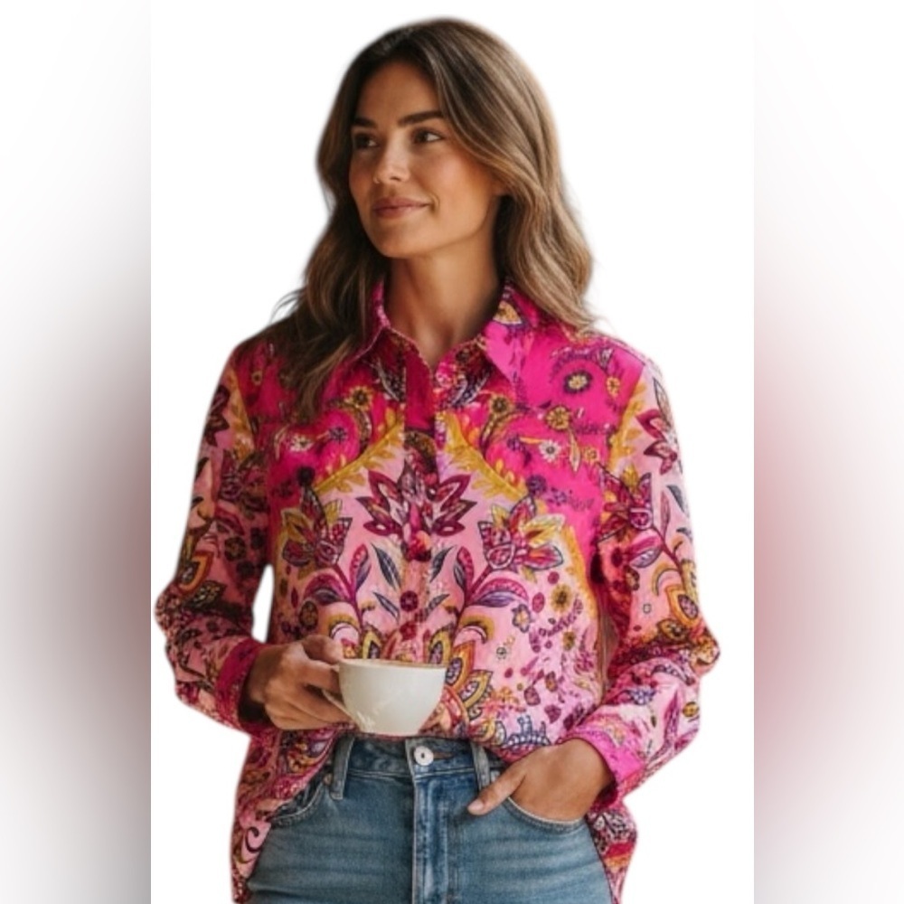 Rachel Zoe Pink Floral Print Button Front Blouse Long Sleeve